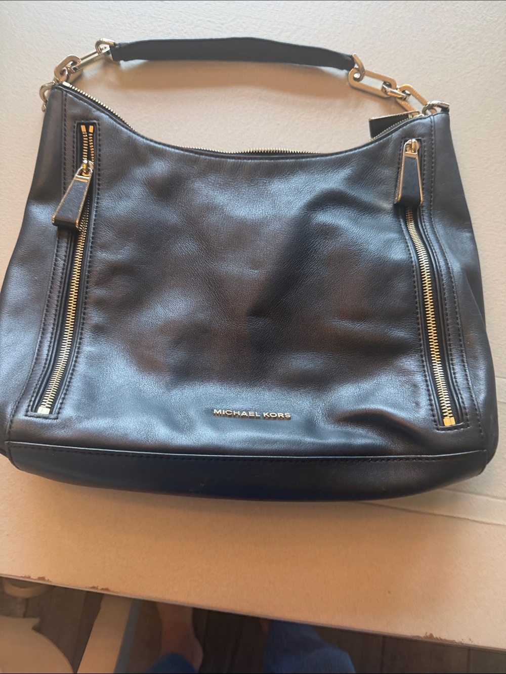 Michael Kors Black Leather Shoulder Hobo with Gold Hardware